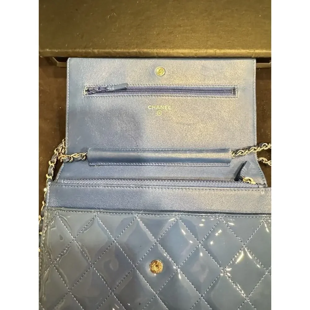 Chanel Quilted CC SHW Blue Patent Leather Wallet On Chain w/ Box - JB 335215